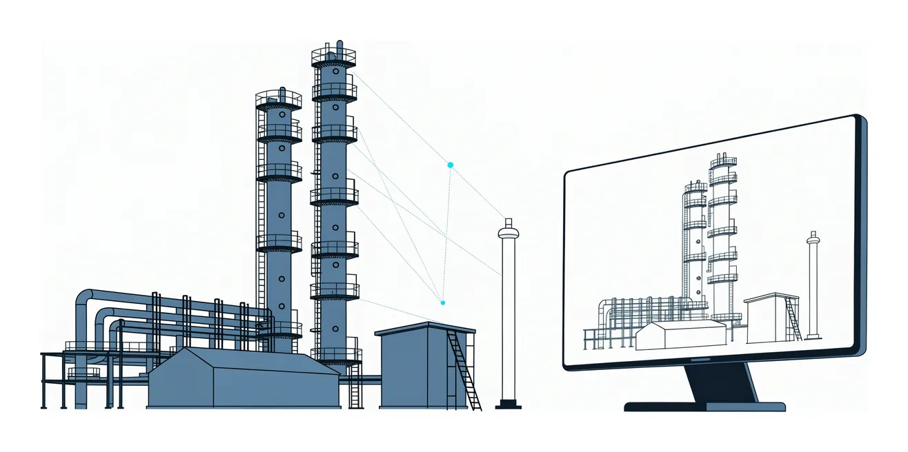 Unité de traitement de gaz à côté d'un écran montrant la même unité en modèle 3D filaire, son jumeau numérique